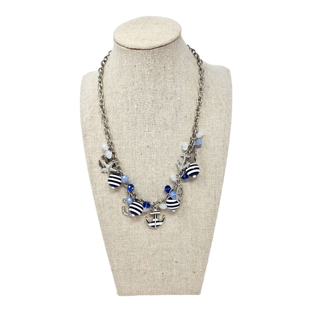 Pier 1 Nautical Beaded Necklace Blue White Silver Tone Anchors